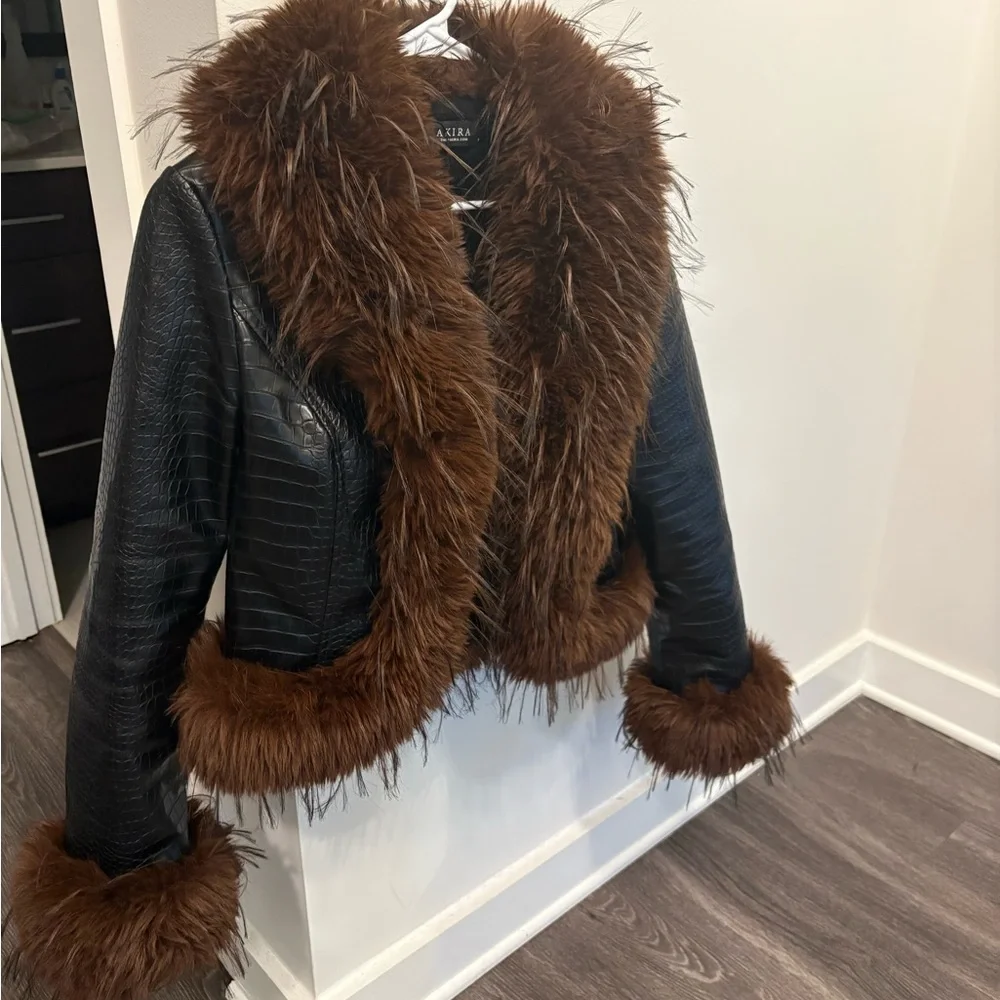AKIRA Black Leather Jacket with Brown Faux Fur Trim - Picture 2 of 3